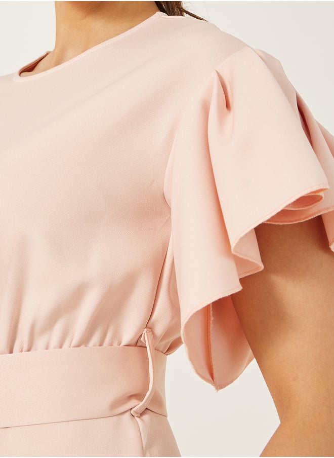 Styli Flutter Sleeve Round Neck Belted Jumpsuit  - Image 4