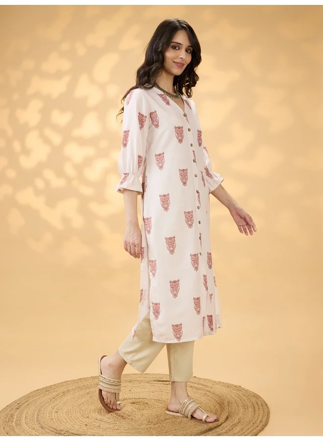 globus Globus Women Off White V-Neck Animal Print Bishop Sleeves Button Detail Straight Fusion Kurta