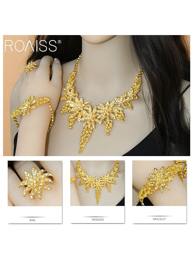 رويس مجموعة مجوهرات نسائية، مجموعة مجوهرات زفاف ذهبية متعددة القطع، قلادة، أقراط، خاتم، سوار، تاج رأس مجموعة زفاف شرق أوسطية، مجموعة من 4 قطع - Image 5