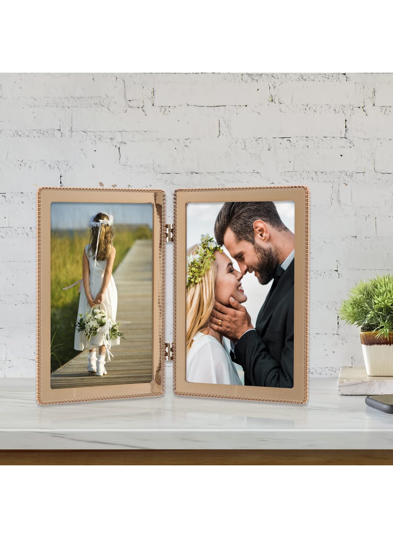 Lawrence Frames 4x6 Hinged Double Cast Metal Picture Frames  Gold Classic Bead Design  - Image 3