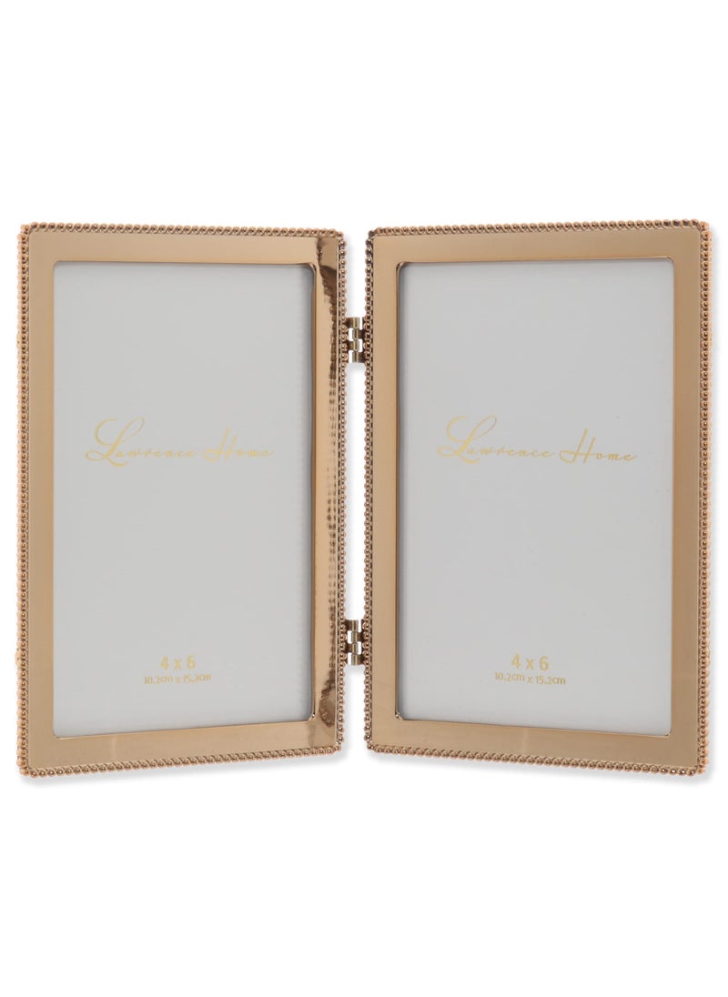 Lawrence Frames 4x6 Hinged Double Cast Metal Picture Frames  Gold Classic Bead Design  - Image 1