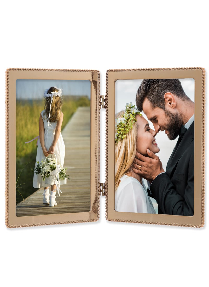 Lawrence Frames 4x6 Hinged Double Cast Metal Picture Frames  Gold Classic Bead Design  - Image 2