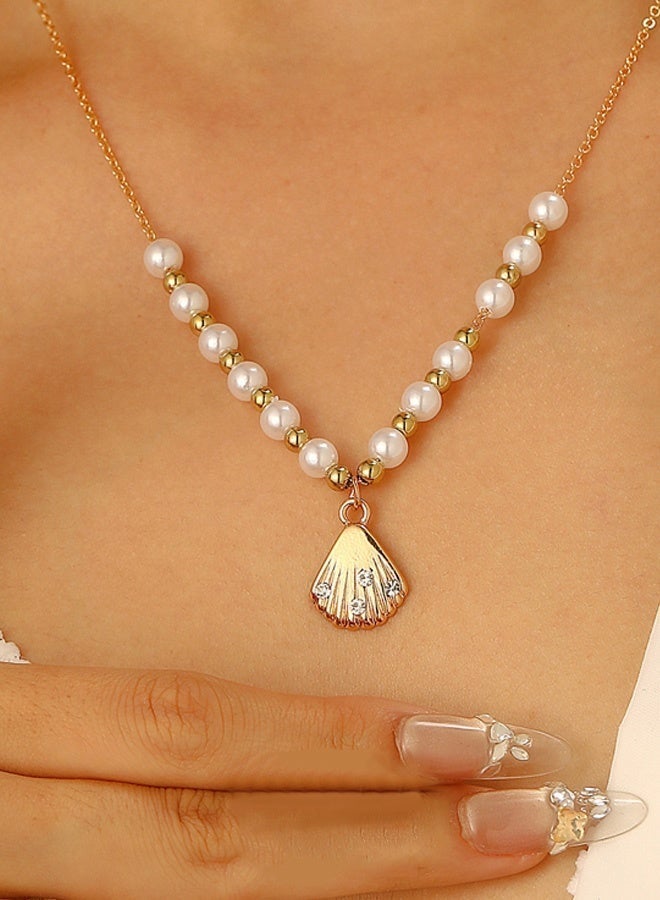 DAEVO Necklace For Women Pearl Strand with Shell Pendant - Gold Beaded Choker Neckpiece, French Vintage Style Sea Shell Ocean Jewelry Gift Separate Packaging - Image 3