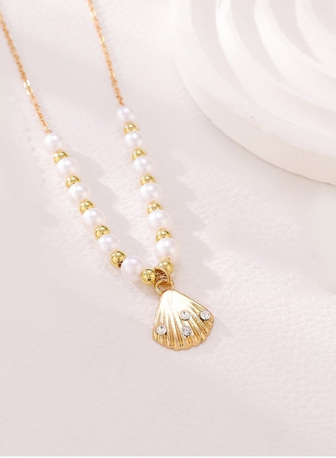 DAEVO Necklace For Women Pearl Strand with Shell Pendant - Gold Beaded Choker Neckpiece, French Vintage Style Sea Shell Ocean Jewelry Gift Separate Packaging - Image 2