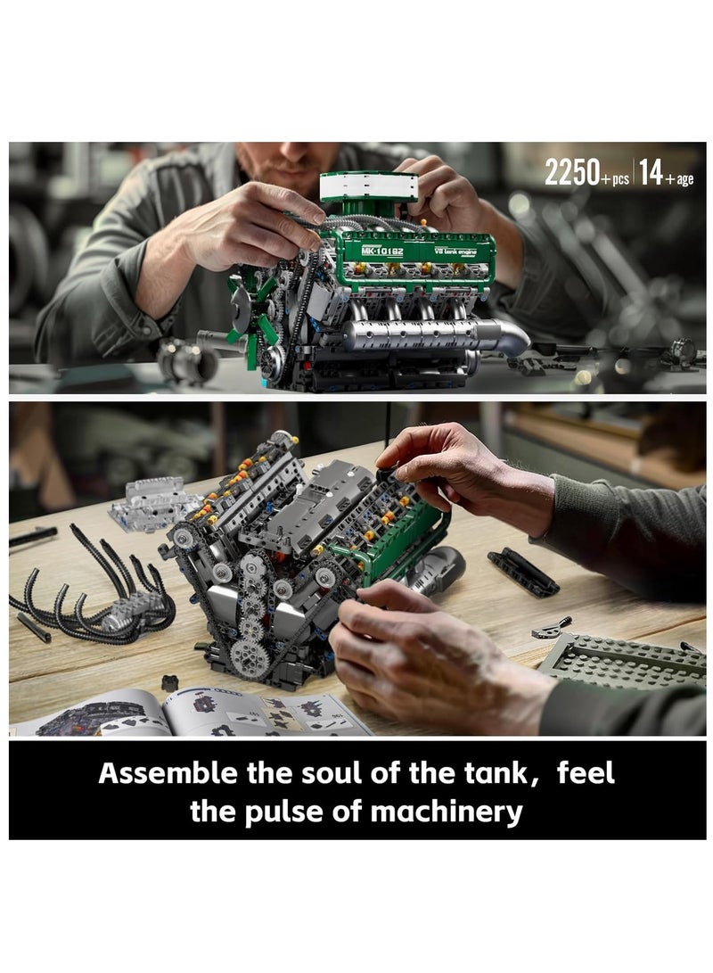 10182 V8 Tank Engine Double Turbo Eight Cylinder Gasoline Engine Block Kit,Educational V8 Engine Technology Building Blocks Kit(2250 Parts+)