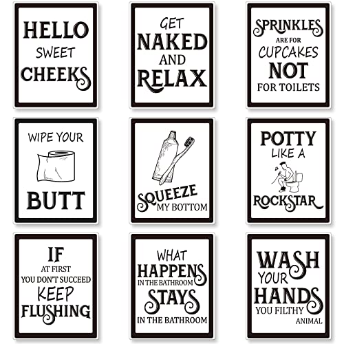 Zonon 9 Pieces Bathroom Wall Decor Funny Vintage Bathroom Signs Washroom Quotes Sayings Art Prints Washroom Posters for Wall Restroom Toilet Decoration Pictures UnframedBlack Font
