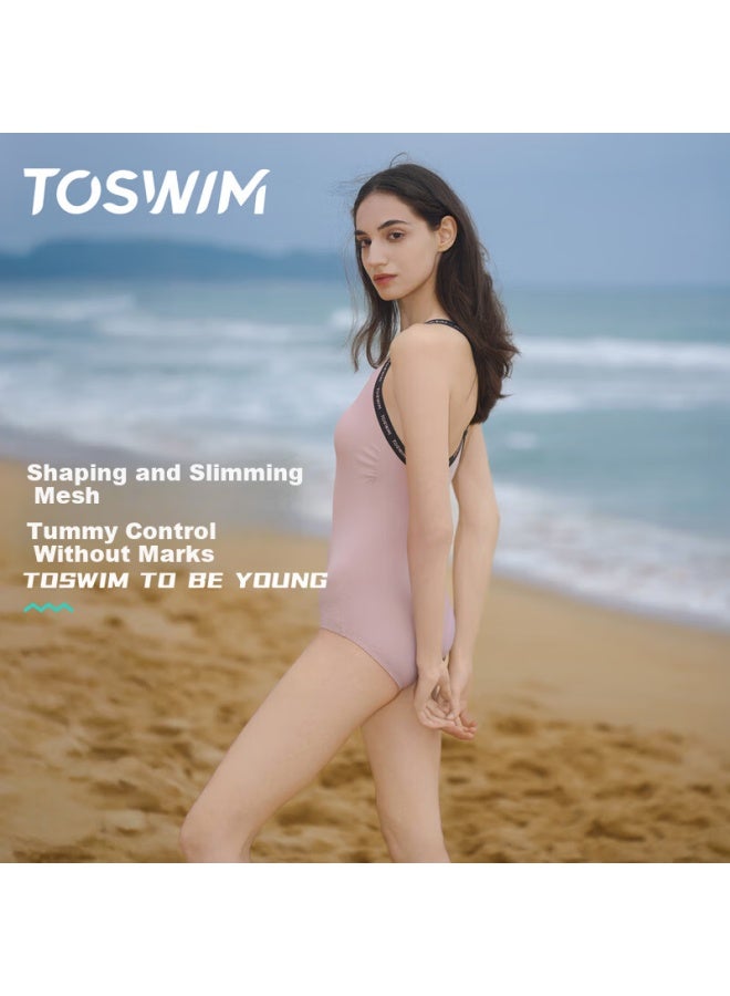 Toswim Women's One-piece Racing Swimsuit Slim Fit Thin Straps Fashionable High-end Swimwear Light Pink Strap L - Image 1