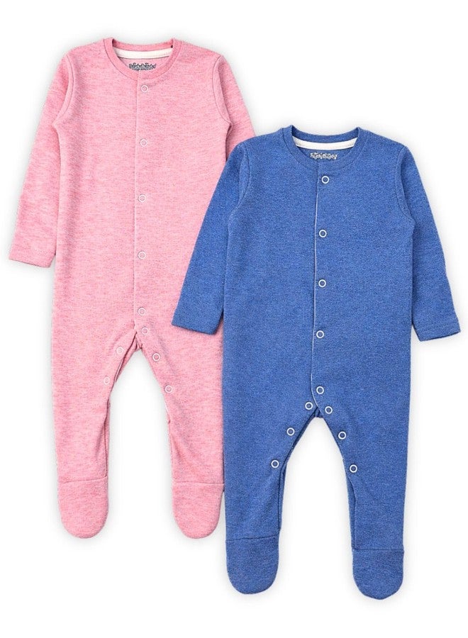 TuddyBuddy 100% Cotton Multi Color Romper Sleepsuit/Romper/Jumpsuit for Baby Boy (3 Months-6 Months, Pack of 2 Sleepsuits - Solid Blue & Solid Pink, Melange) - Image 1