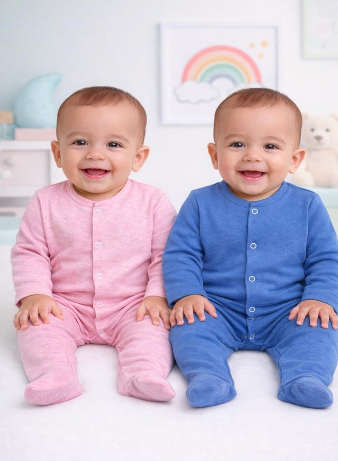 TuddyBuddy 100% Cotton Multi Color Romper Sleepsuit/Romper/Jumpsuit for Baby Boy (3 Months-6 Months, Pack of 2 Sleepsuits - Solid Blue & Solid Pink, Melange) - Image 2