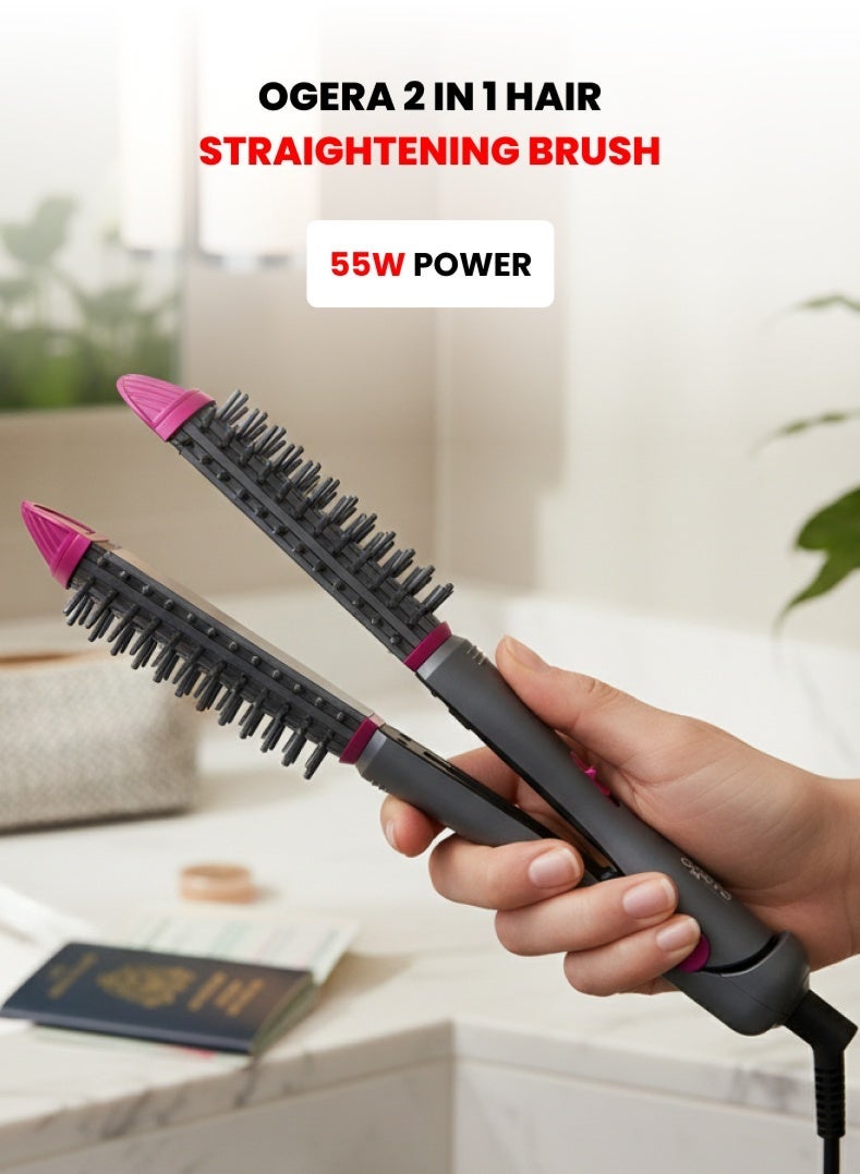 أوجيرا فرشاة فرد الشعر 2 في 1 – قدرة 55 واط، تسخين سريع بتقنية PTC، صفائح مطلية بالسيراميك، مؤشر طاقة LED، فرشاة تصفيف مضادة للتجعد لشعر ناعم ولامع – موديل OG2303HST، أسود وردي - Image 1