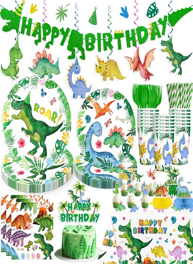 cocomigo 175pcs Dinosaur Birthday Decorations Include Dinosaur Plates and Napkins Set, Banner, Hanging, Tablecloth, Cake Topper, Table Decor, for Boy Birthday Decorations and Dinosaur Theme Party, Serves 25 - Image 1