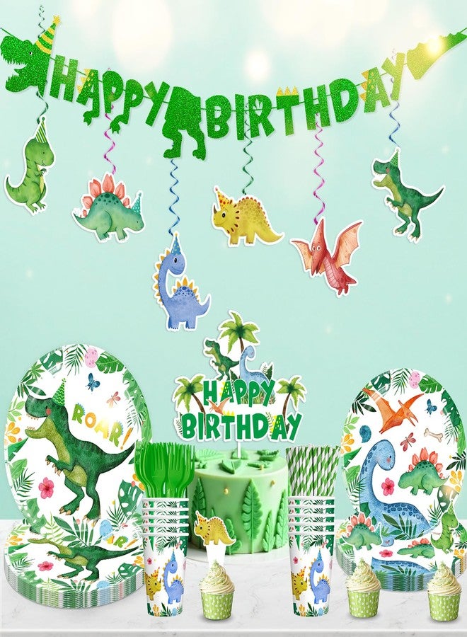 cocomigo 175pcs Dinosaur Birthday Decorations Include Dinosaur Plates and Napkins Set, Banner, Hanging, Tablecloth, Cake Topper, Table Decor, for Boy Birthday Decorations and Dinosaur Theme Party, Serves 25 - Image 5
