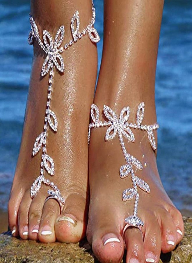 Asphire Elegant Sparkling Rhinestone Barefoot Sandals 2Pcs Bridal Beach Wedding Toe Ring Foot Chain Anklet Party Foot Slave Bracelet Accessories for Women (Silver E) - Image 3