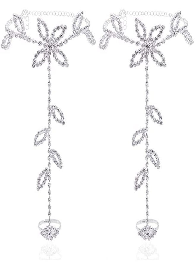 Asphire Elegant Sparkling Rhinestone Barefoot Sandals 2Pcs Bridal Beach Wedding Toe Ring Foot Chain Anklet Party Foot Slave Bracelet Accessories for Women (Silver E) - Image 1