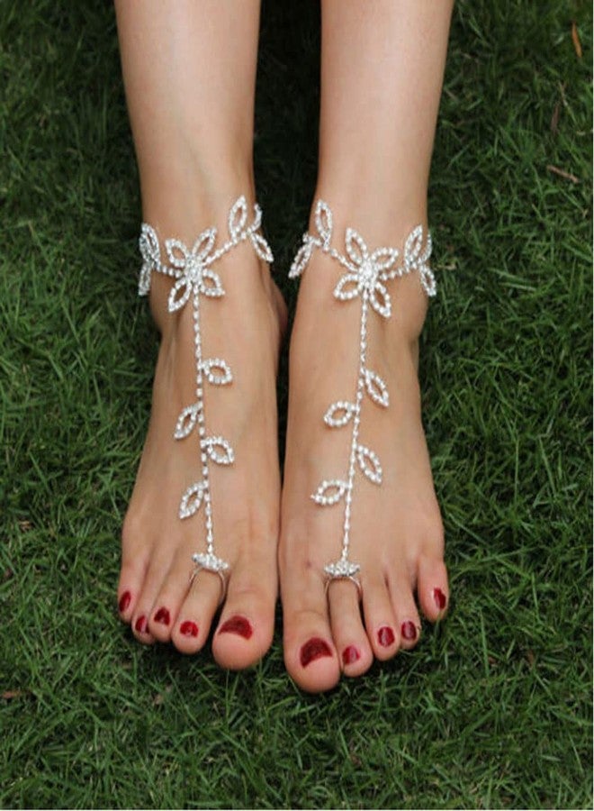 Asphire Elegant Sparkling Rhinestone Barefoot Sandals 2Pcs Bridal Beach Wedding Toe Ring Foot Chain Anklet Party Foot Slave Bracelet Accessories for Women (Silver E) - Image 4