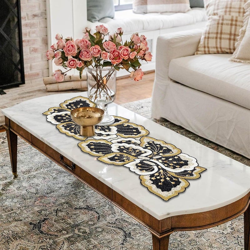FliHaut Premium Handcrafted Beautiful Beaded Table Runner 12 x 35 x 025 inches_Black White and Gold Paisely - Image 2