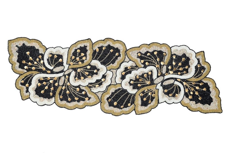 FliHaut Premium Handcrafted Beautiful Beaded Table Runner 12 x 35 x 025 inches_Black White and Gold Paisely - Image 1