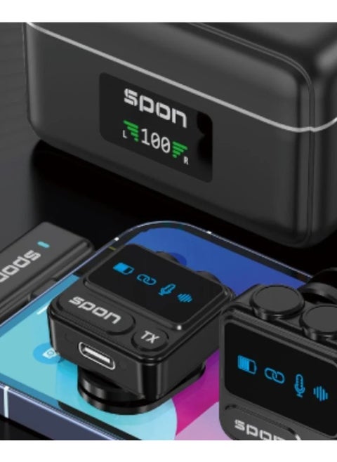 Interview microphone with Type-C input and iPhone input. One wireless microphone from Spoon. Works on iPhone and Android.