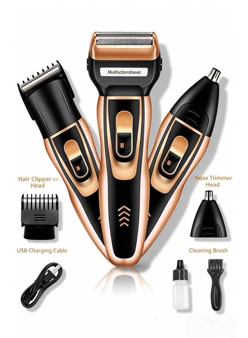 3 In 1 Multifunctional Men Electric Grooming Kit, Rechargeable Reciprocating Shaver, Hair Clipper & Nose Hair Trimmer, Detachable Washable Blade Heads, Complete Accessories For Home Travel Barber Use - Image 3