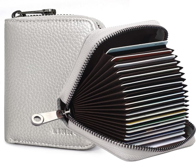 Linno RFID 20 Slots Credit Card Holder Genuine Leather Small Wallet for Women or Men with Zipper - Image 1