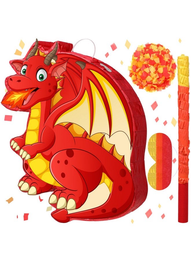 Harrycle Dinosaur Piñata Set Dragon Piñata with Stick and Blindfold Confetti Dino Themed Piñata Red Fire Breathing Dragon Piñata for Birthday Party Game Supplies Chinese New Year Decoration
