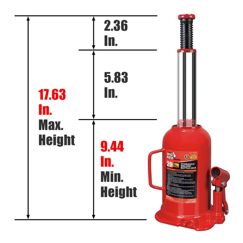 BIG RED T92003B Torin Hydraulic Welded Bottle Jack, 20 Ton (40,000 lb) Capacity, Red - Image 2