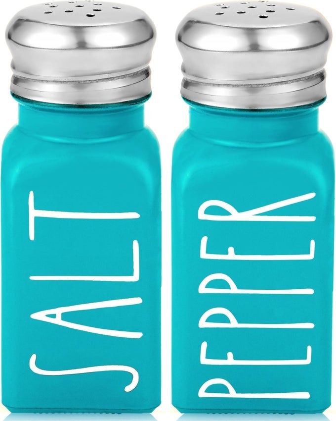 TEAL SALT AND PEPPER SHAKERS SET BY TURQUOISE KITCHEN DECOR TURQUOISE KITCHEN ACCESSORIES CUTE MODERN FARMHOUSE GLASS SHAKERS FOR RESTAURANTS WEDDING STAINLESS STEEL LID TEAL