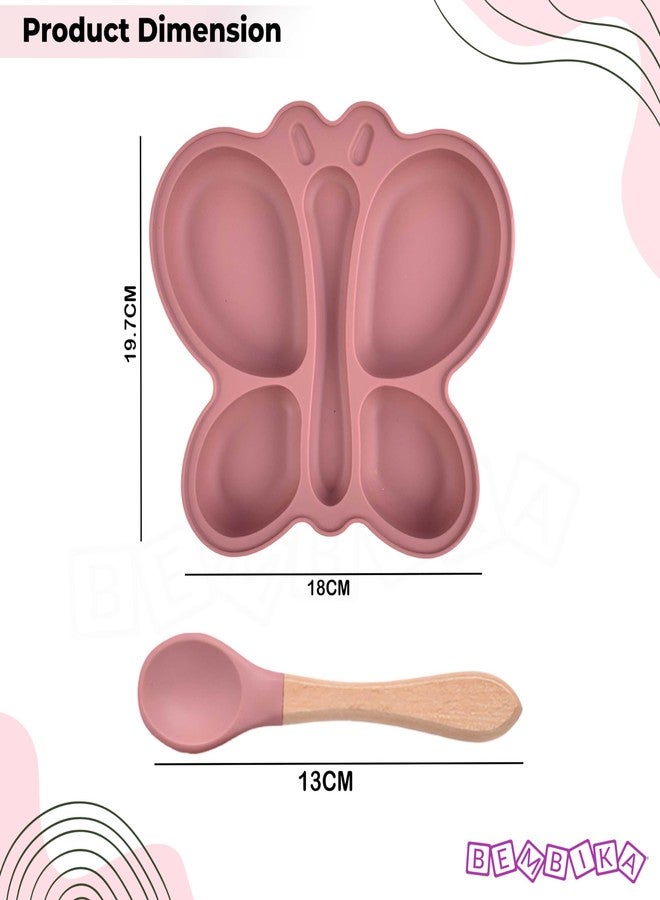 Bembika Baby Feeding Essential Baby Dinner Set Silicone Tableware Set for Baby Infant Training Eating Utensils Butterfly Design - (Pack of 2)(Rosewood) - Image 3