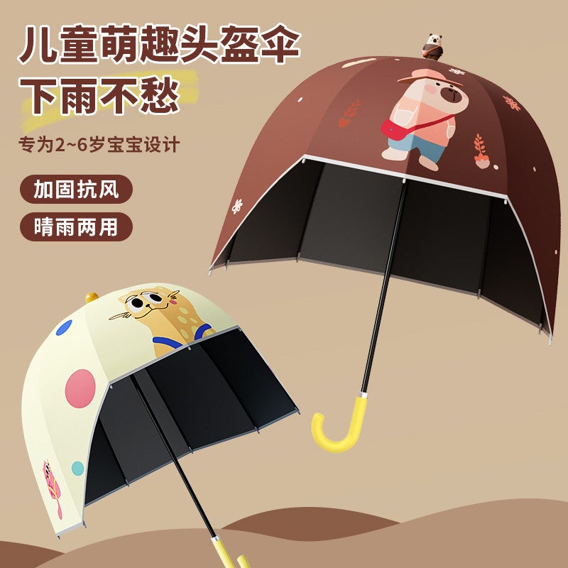 MAYDU Kids Helmet Umbrella Cartoon Cute Sun Rain Umbrella Long Handle for Kindergarten Boys Girls Windproof - Image 4