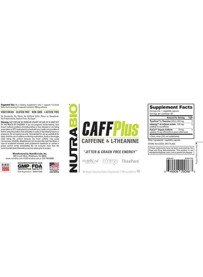 NutraBio Caffplus, Dual Source Caffeine With Theanine For Healthy Energy Boost - 60 Vegetable Capsules - Image 3