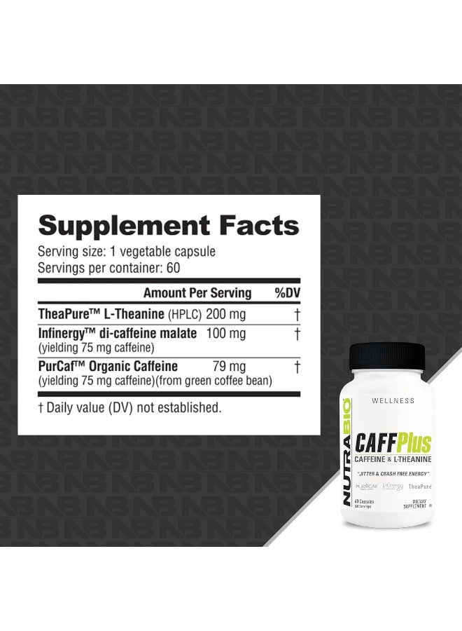 NutraBio Caffplus, Dual Source Caffeine With Theanine For Healthy Energy Boost - 60 Vegetable Capsules - Image 2