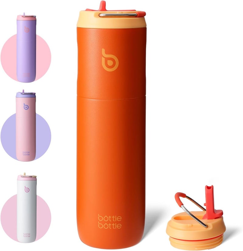 bottle bottle زجاجة زجاجة زجاجة ماء معزولة 24 أونصة مع غطاء قشة ومقبض - برتقالي - Image 1