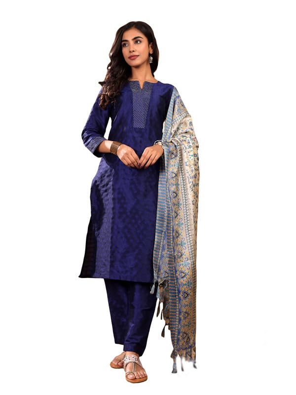Varanga Women woven straight fit navy blue kurta with dobby texture and zari couching, styled with matching trousers and a floral printed dupatta. - Image 1