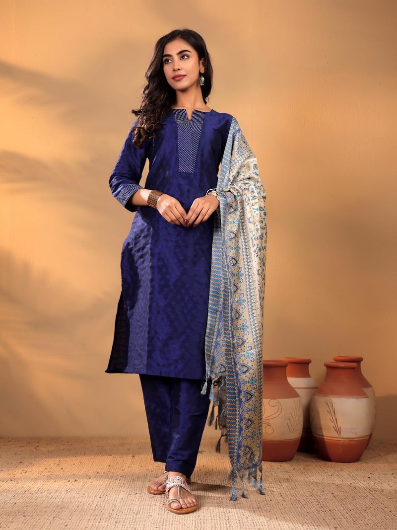 Varanga Women woven straight fit navy blue kurta with dobby texture and zari couching, styled with matching trousers and a floral printed dupatta. - Image 2