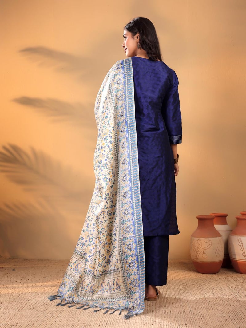 Varanga Women woven straight fit navy blue kurta with dobby texture and zari couching, styled with matching trousers and a floral printed dupatta. - Image 4