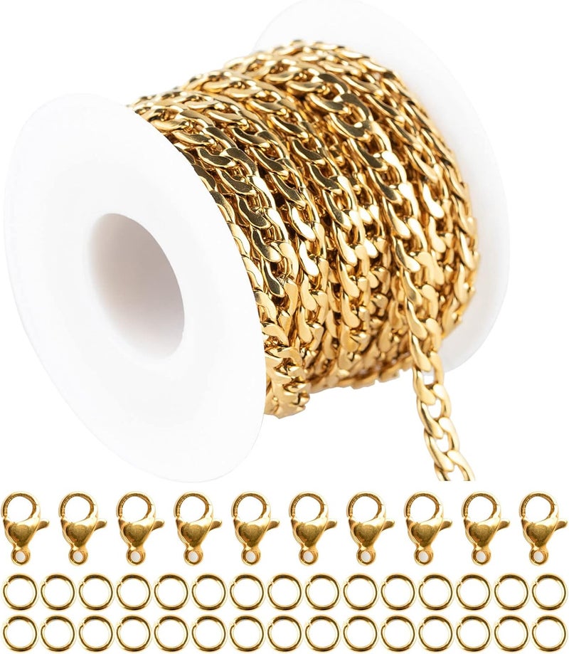UMAOKANG 16.4 Feet Stainless Steel Gold Cuban Chains 5mm Twisted Links Chain Spool Necklace Chain Bulk with Open Jump Rings Lobster Clasps for Women DLY Bracelet Jewelry Making - Image 1