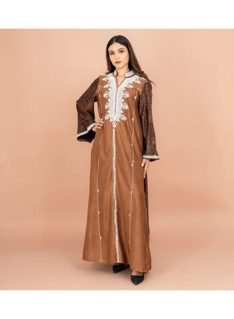 IKKXA Mandarin Colar White Embroidery Winter Straight Cut Jalabiya IK1068 Brown