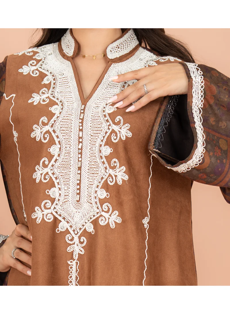 IKKXA Mandarin Colar White Embroidery Winter Straight Cut Jalabiya IK1068 Brown