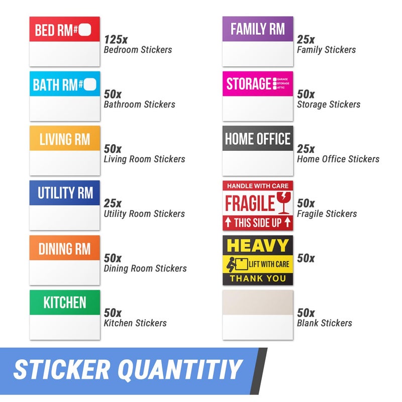 OfficeSmartLabels Home Moving Labels (3 x 2 inch, 12 Designs - 600 Labels) for 2-3 Bedroom, Color Coded Moving Stickers w/Writable Note Area, Fragile, Heavy & Extra Blank Stickers - Image 4