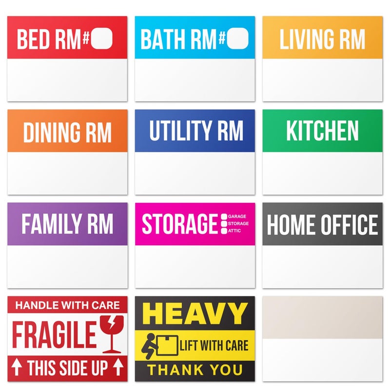OfficeSmartLabels Home Moving Labels (3 x 2 inch, 12 Designs - 600 Labels) for 2-3 Bedroom, Color Coded Moving Stickers w/Writable Note Area, Fragile, Heavy & Extra Blank Stickers - Image 1