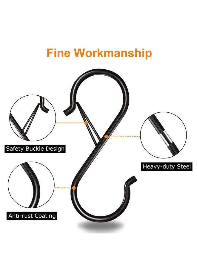 Peachjoy S Hooks for Hanging, Heavy Duty S Hooks with Safety Buckle S Shaped Hooks Kitchen Pot Rack Hooks Closet Hooks for Hanging Plants, Clothes, Kitchen Utensil, Pots and Pans, Bags (8 Pack, Black) - Image 2