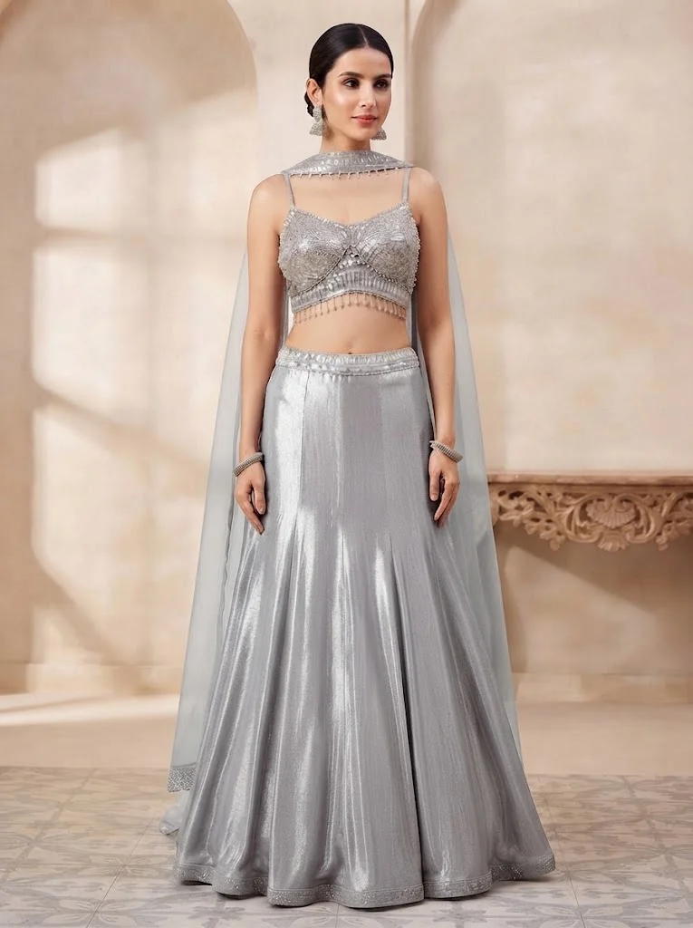 Viny VINY Silver 3-Piece Embellished Crop Top Lehenga Set – Women's Indian Ethnic Wear
