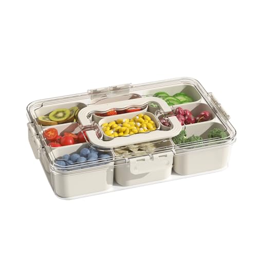 riyeloi Snackle Box Container, Portable 9 Compartments Divided Serving Tray with Lid and Handle, Clear Snack Box, Stackable Snack Platters Organizer for Fruits, Candies, Vegetables, Nuts-1 Pack - Image 1