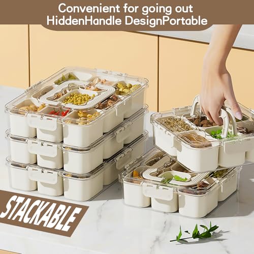 riyeloi Snackle Box Container, Portable 9 Compartments Divided Serving Tray with Lid and Handle, Clear Snack Box, Stackable Snack Platters Organizer for Fruits, Candies, Vegetables, Nuts-1 Pack - Image 3