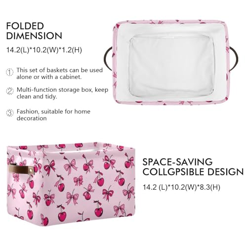 Dussdil Pink Bows Cherries Girly Storage Basket Fabric Kitchen Baskets Storage Bins Boxes Foldable Organizer Bags for Baby Cloth Pet Toys Books Shelf Closet Playroom Laundry Baskets 1PCS - Image 3