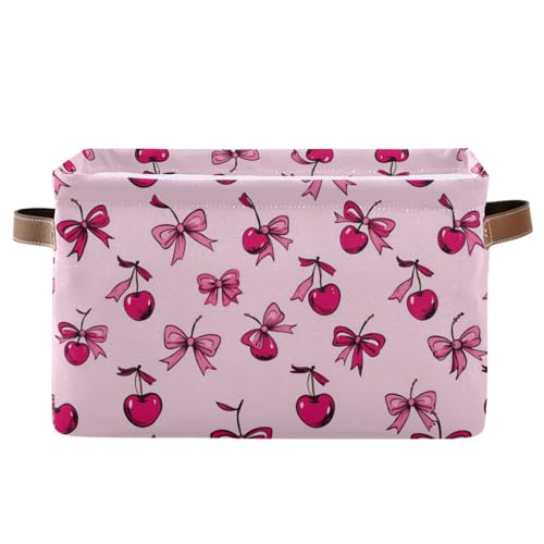 Dussdil Pink Bows Cherries Girly Storage Basket Fabric Kitchen Baskets Storage Bins Boxes Foldable Organizer Bags for Baby Cloth Pet Toys Books Shelf Closet Playroom Laundry Baskets 1PCS - Image 1