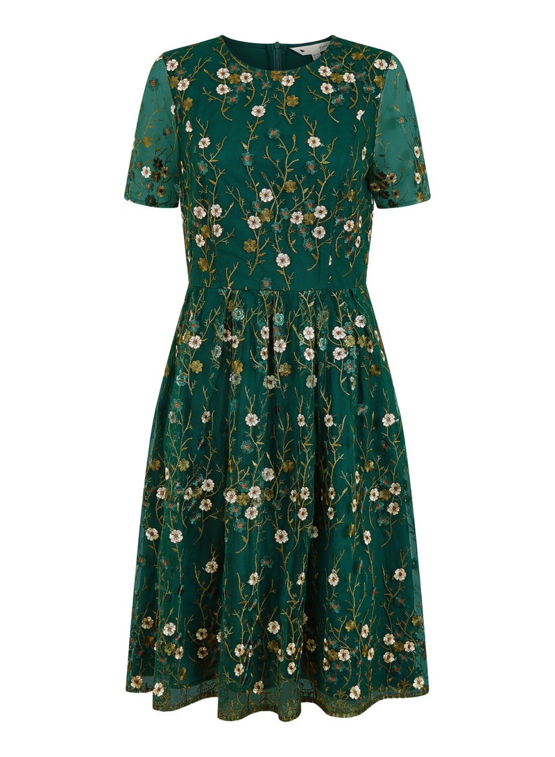 Yumi Green Embroidered Floral Skater Dress - Image 5