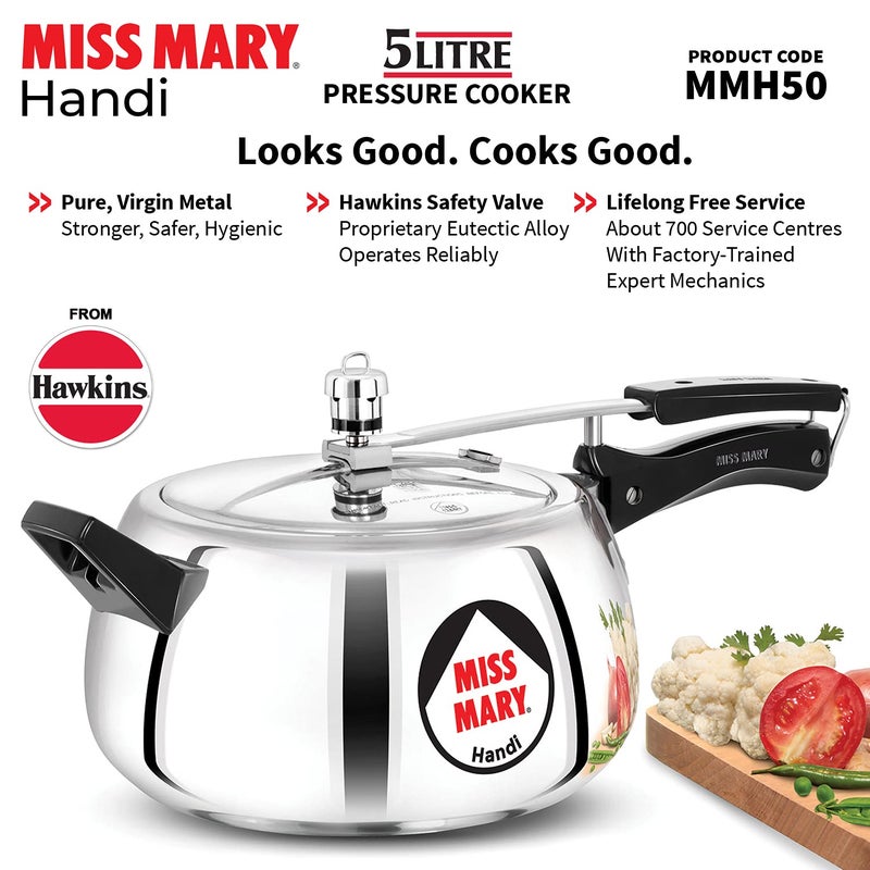Hawkins 5 Litre Miss Mary Handi Pressure Cooker, Inner Lid Cooker, Silver (Mmh50) Aluminium - Image 3