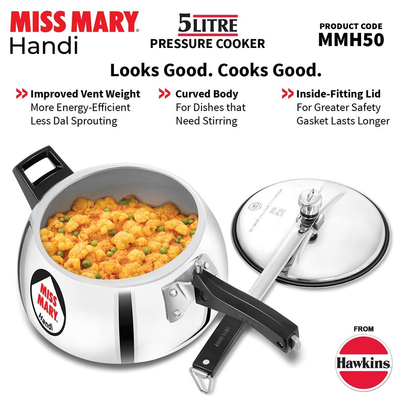 Hawkins 5 Litre Miss Mary Handi Pressure Cooker, Inner Lid Cooker, Silver (Mmh50) Aluminium - Image 2