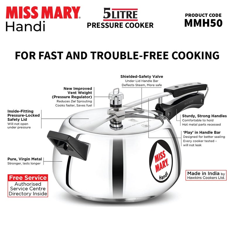 Hawkins 5 Litre Miss Mary Handi Pressure Cooker, Inner Lid Cooker, Silver (Mmh50) Aluminium - Image 5
